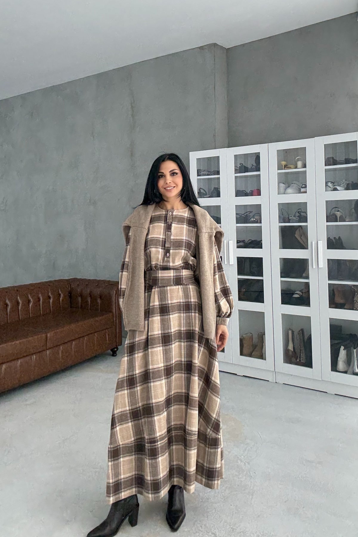 Ekose Desenli Kuşaklı Midi Elbise SY-3465-Kahverengi