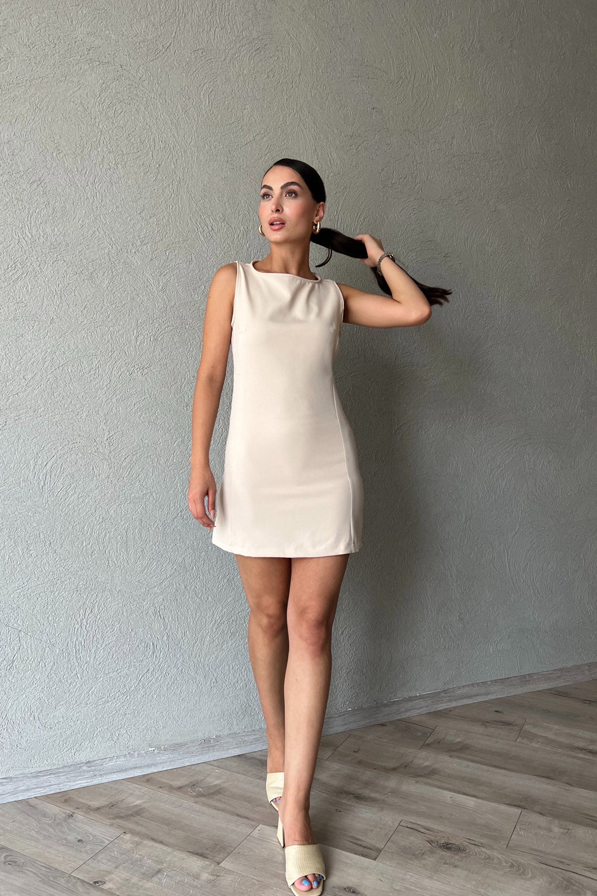 Bej Sıfır Kol Mini Elbise SY-2276-Bej