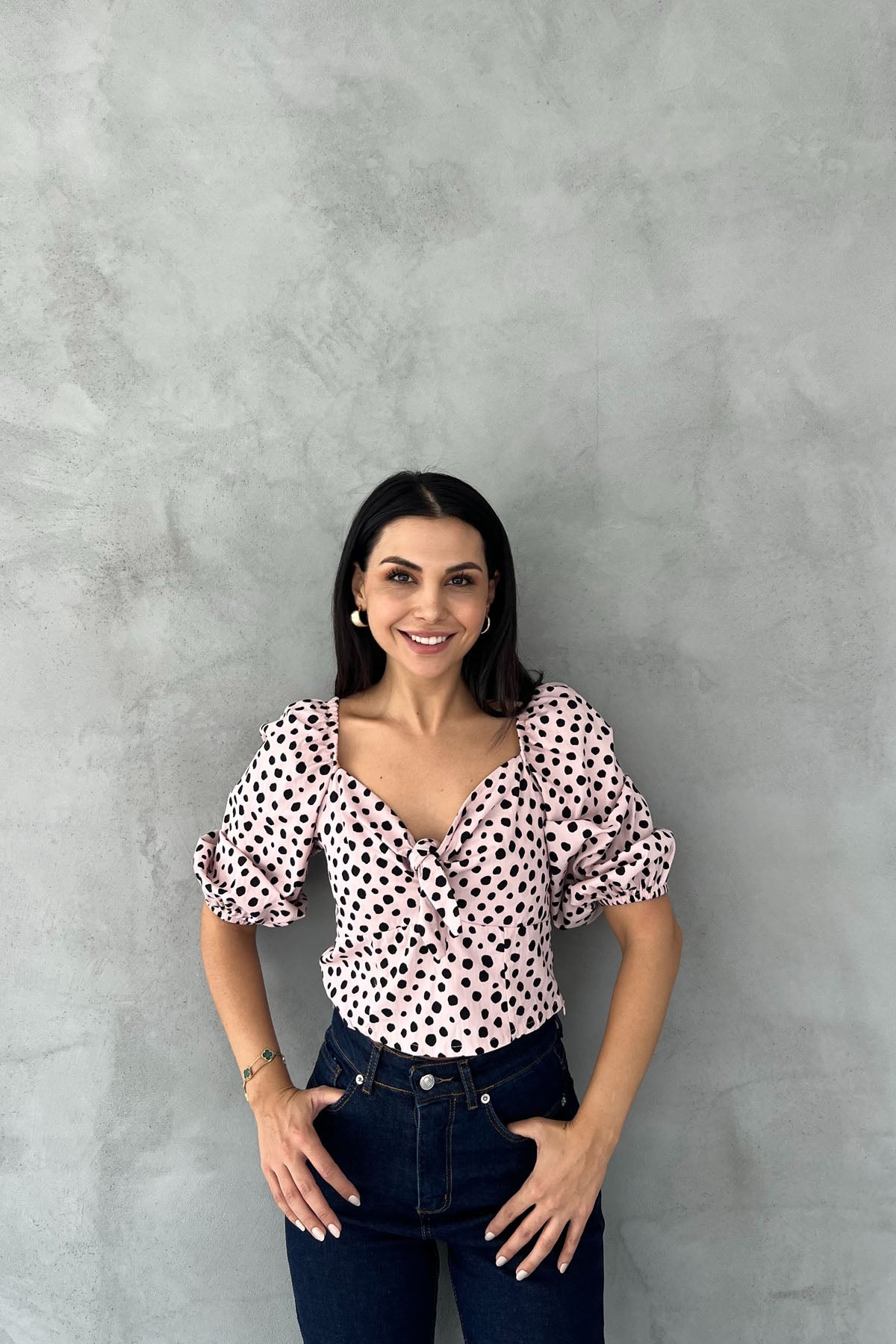 Pudra Puantiyeli Önü Bağlama Detaylı Crop SY-2538-Pudra