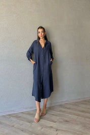 Lacivert Polo Yaka Düğmeli Yandan Yırtmaçlı Keten Elbise SY-0658-Lacivert