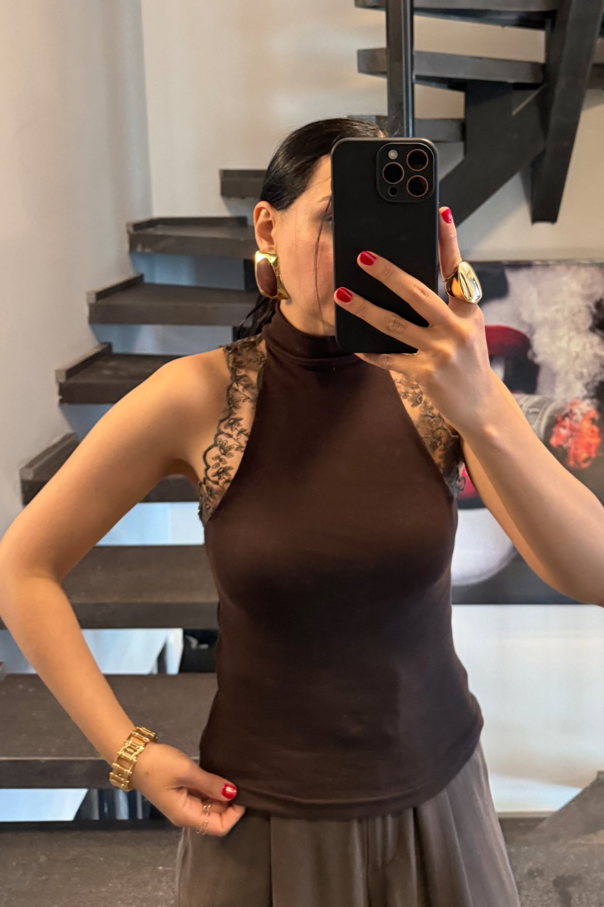 Kahve Balıkçı Yaka Güpür Detaylı Triko Bluz SY-3712-Kahverengi