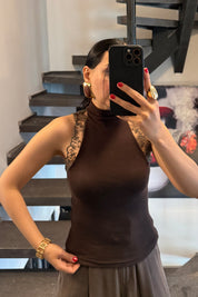 Kahve Balıkçı Yaka Güpür Detaylı Triko Bluz SY-3712-Kahverengi