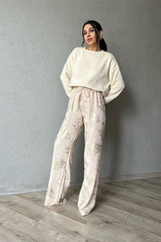 Bej Beli Lastikli Bağlamalı Varak Baskılı Palazzo Pantolon SY-1142-Bej
