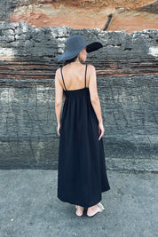 Siyah Askılı Triko Detay Keten Elbise SY-0784-Siyah