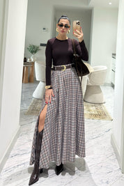 Ekose Desenli Yırtmaç Detaylı Grili Bordo Çizgili Kloş Etek SY-3494-Gri