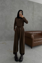 Kahverengi Rahat Kesim Pile Detaylı Eşofman Alt Ve üst Takım SY-3435-Kahverengi