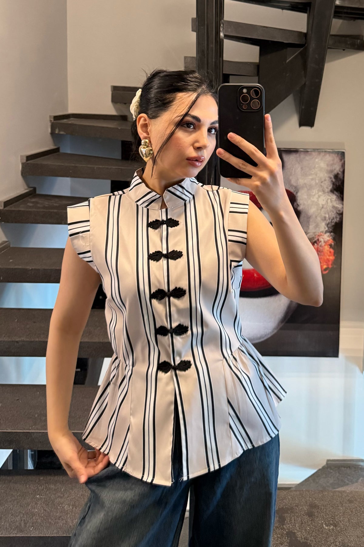 Bej Çizgili Napolyon Bluz SY-3697-Bej