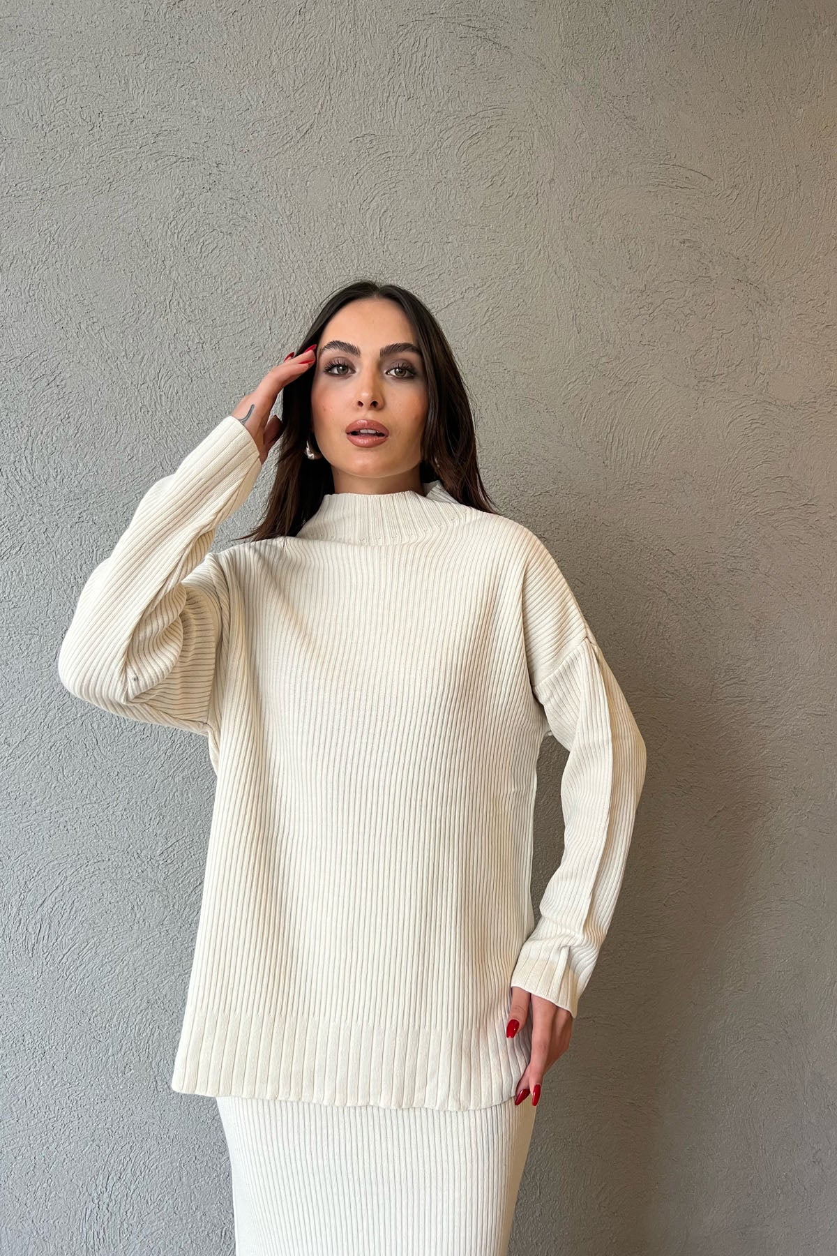 Bej Yarım Balıkçı Yaka Kazak Fitilli Beli Lastikli Etek Triko Takım SY-1352-Bej