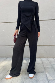 Siyah Uzun Kollu Büzgü Detaylı İkili Triko Takım SY-2455-Siyah