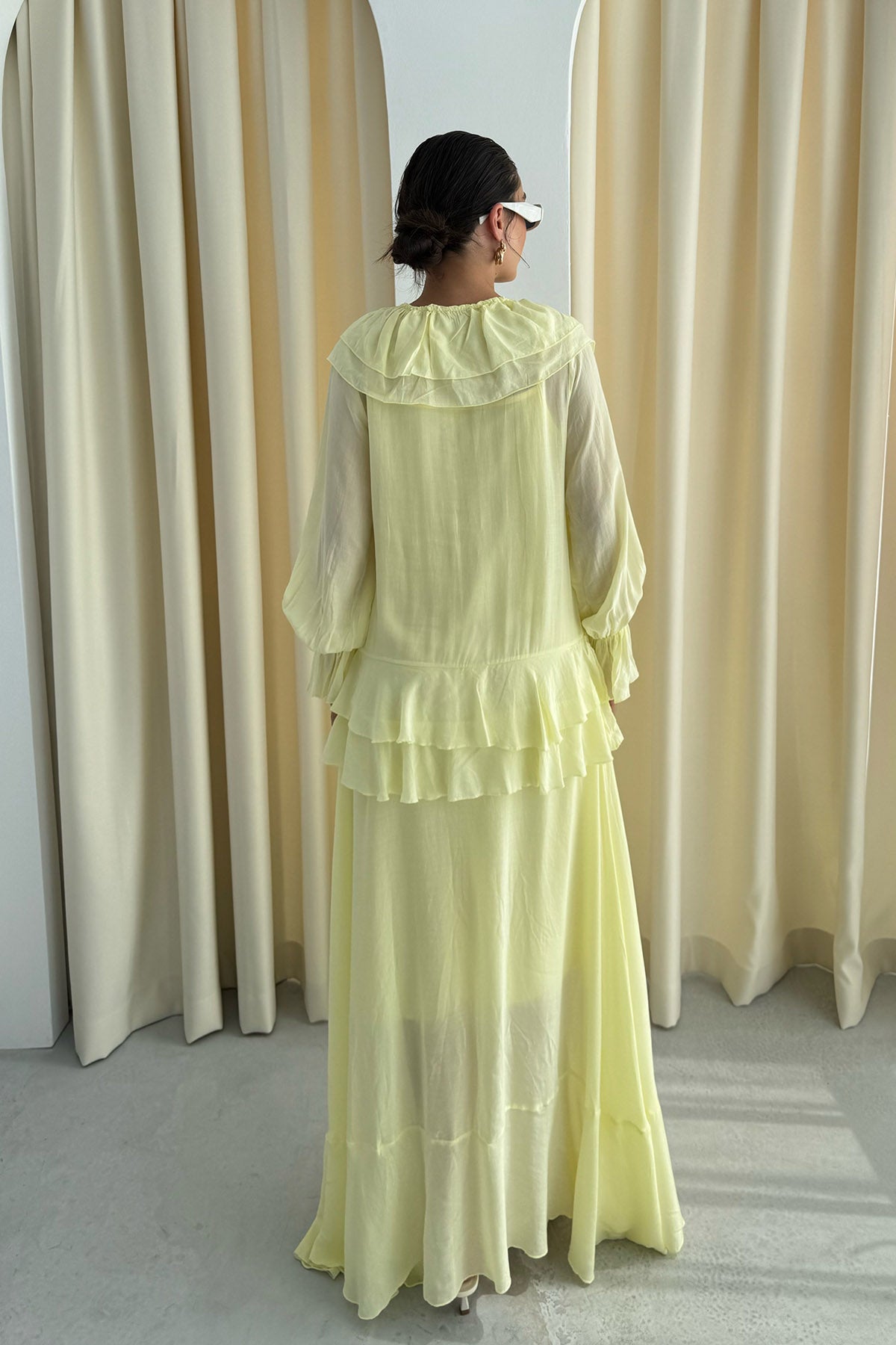 Sarı Balon Kol Göğüs Fırfırlı Elbise SY-3210-Sarı