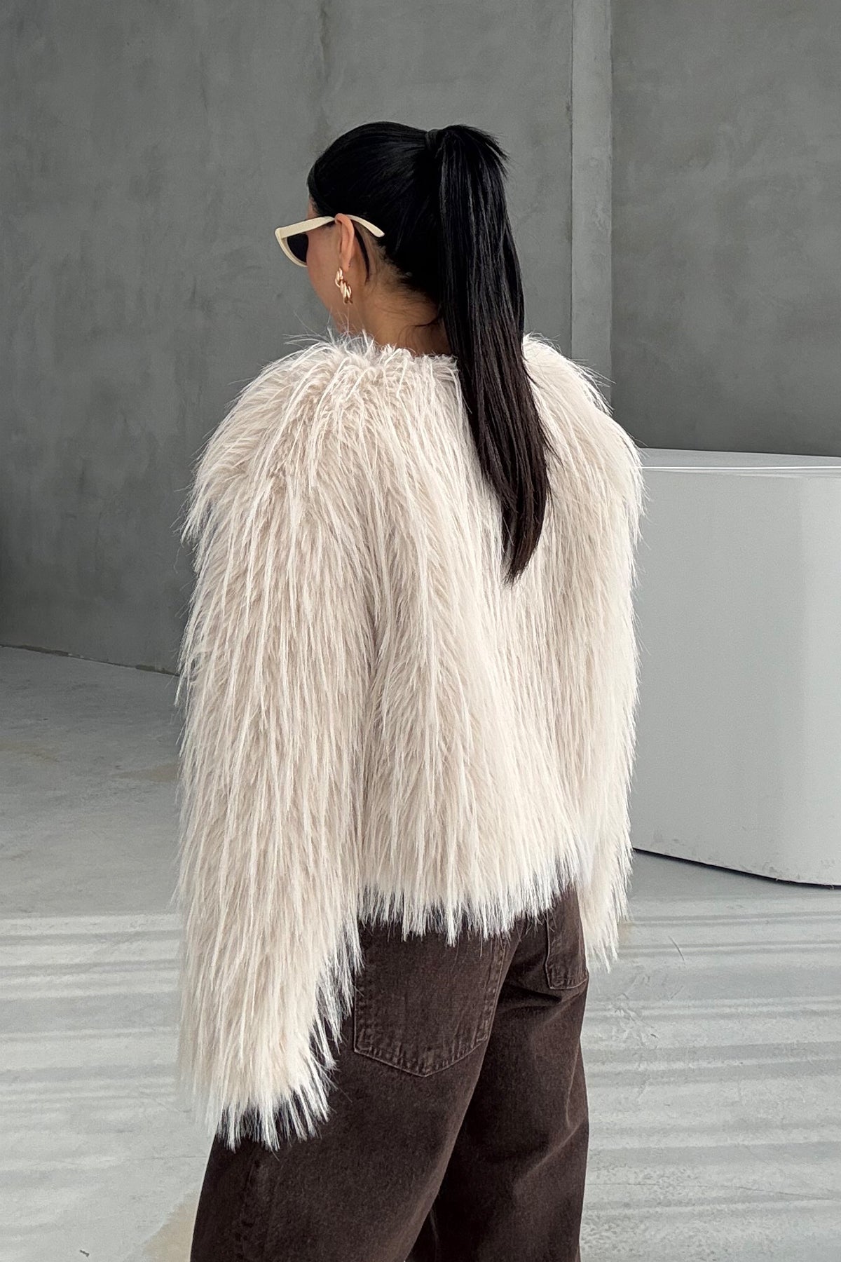 Ekru Saçaklı Kürk Ceket SY-3388-Ekru