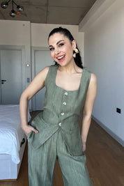 Haki Kare Yaka Düğmeli Yelekli Takım SY-3017-Haki