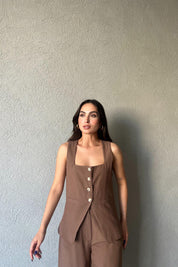 Kahverengi Kare Yaka Keten Yelek SY-3350-Kahverengi