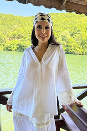 Beyaz Keten Güpür Detaylı Etek Ve Gömlek Takım SY-3231-Beyaz