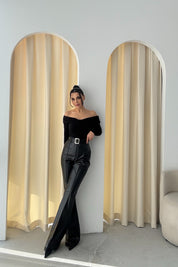 Likya İspanyol Paça Siyah Kemerli Deri Pantolon SY-3487-Siyah