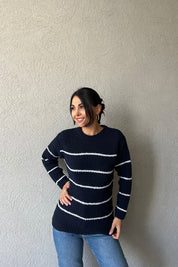 Lacivert Beyaz Çizgili Bisiklet Yaka Kazak SY-1150-Lacivert