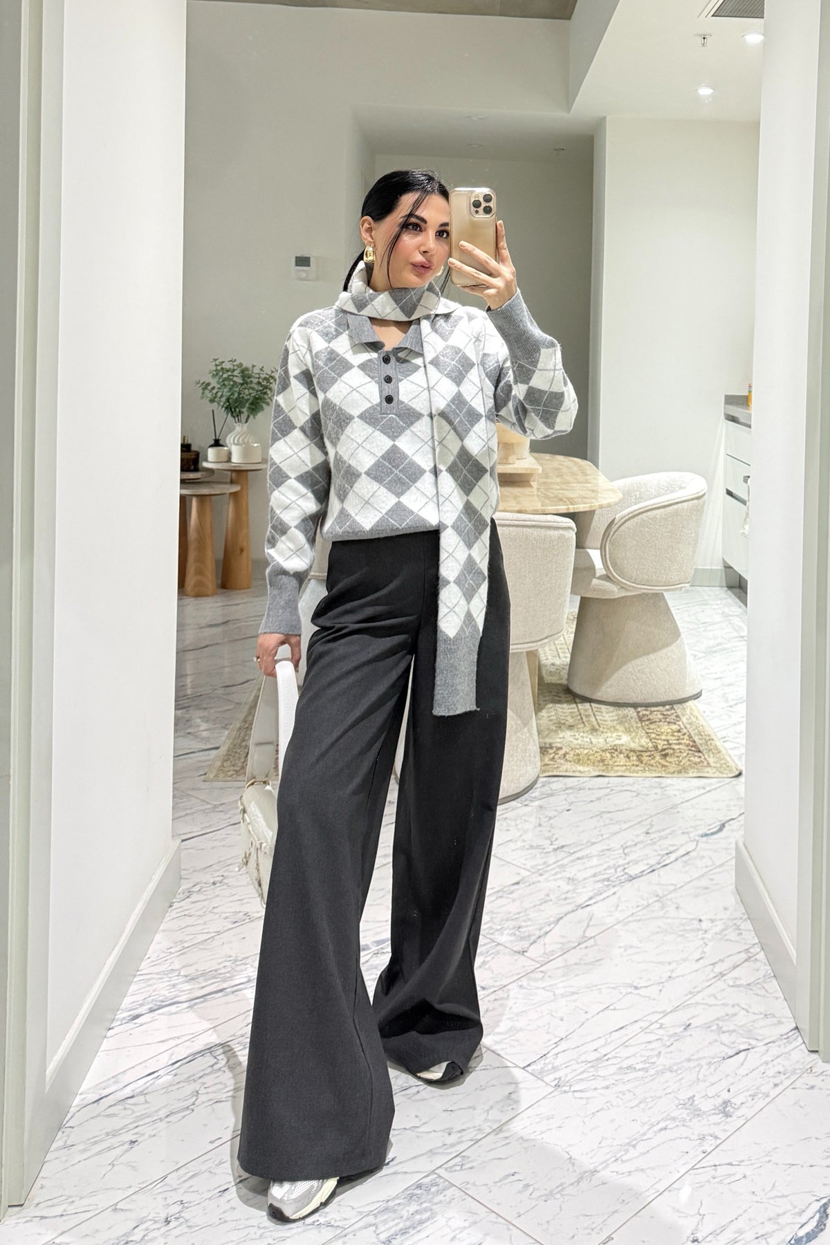 Kendinden Şallı Baklava Desenli Polo Yaka Triko SY-3563-Gri