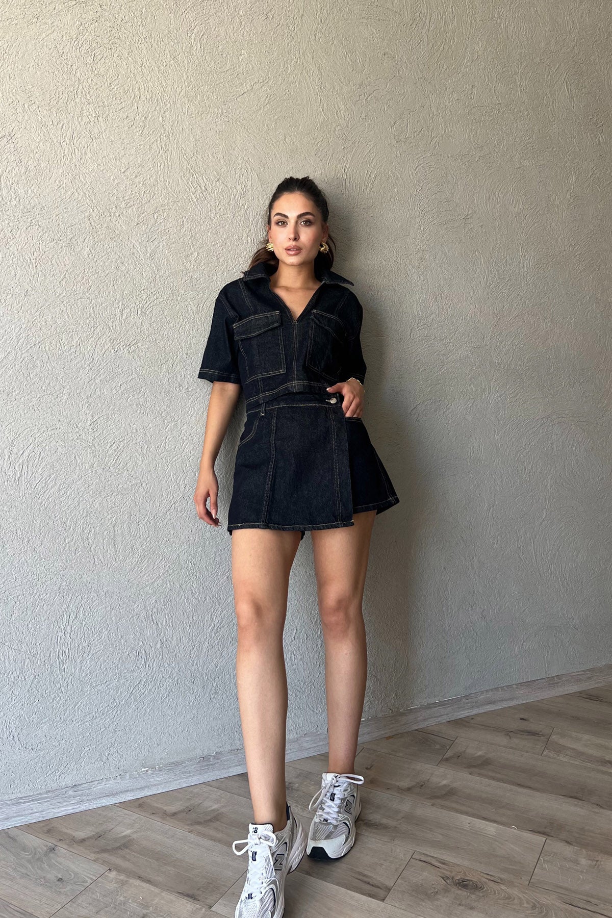 Koyu Mavi Crop Ceket Şort Etek Denim Takım SY-2295-Koyu Mavi