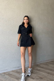 Koyu Mavi Crop Ceket Şort Etek Denim Takım SY-2295-Koyu Mavi