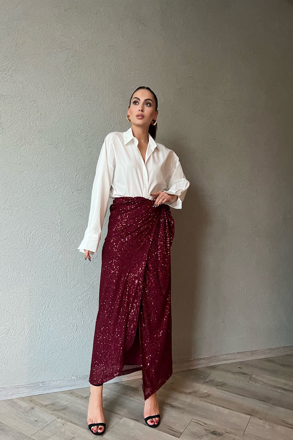 Bordo Pullu Bağlama Detaylı Etek SY-1393-Bordo