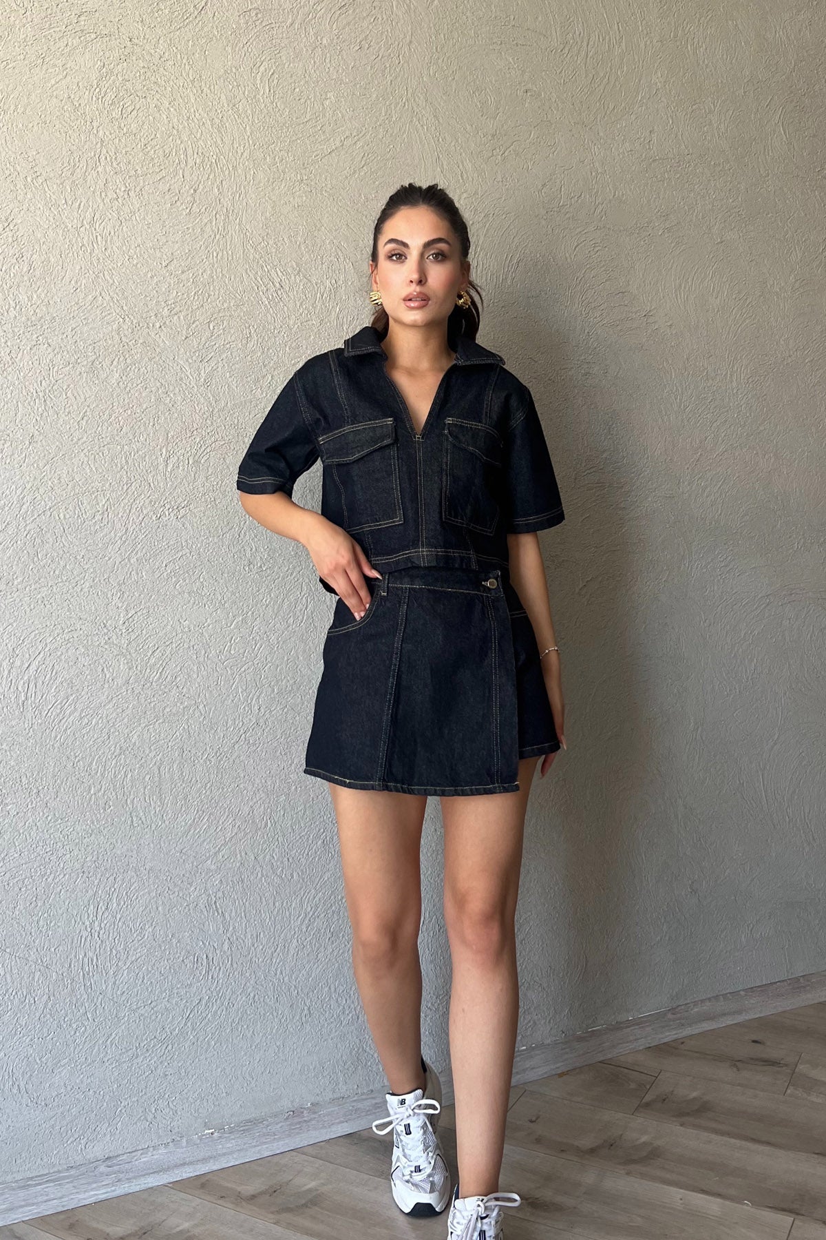 Koyu Mavi Crop Ceket Şort Etek Denim Takım SY-2295-Koyu Mavi