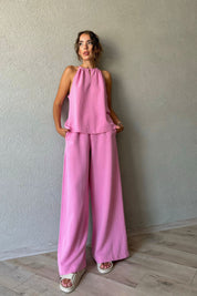 Pembe Keten Boyundan Bağlamalı Bluz ve Beli Lastikli Pantolon Takım SY-0758-Pembe