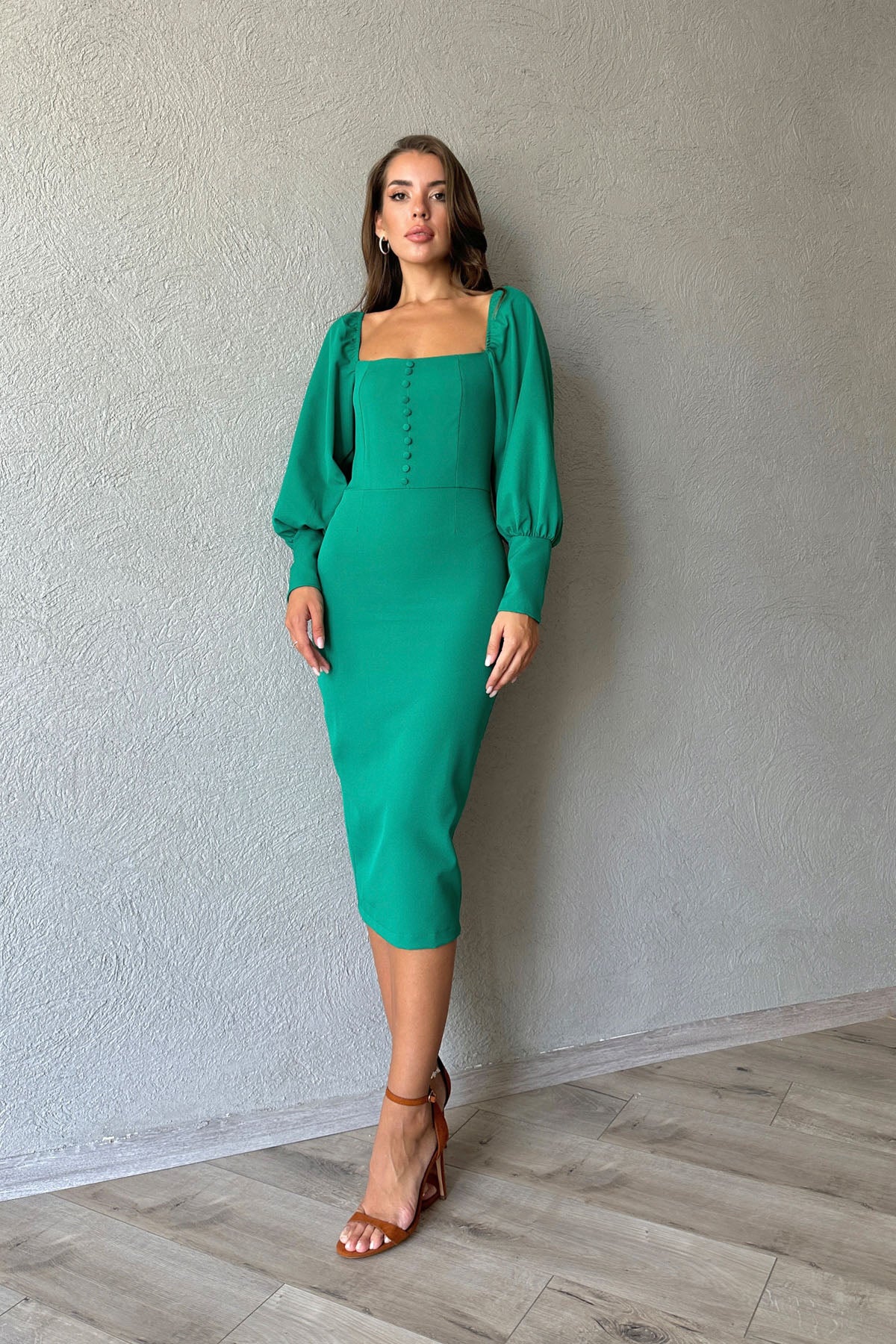 Yeşil Kare Yaka Düğme Detaylı Elbise SY-0964-Yeşil