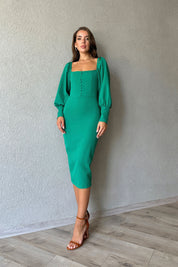 Yeşil Kare Yaka Düğme Detaylı Elbise SY-0964-Yeşil