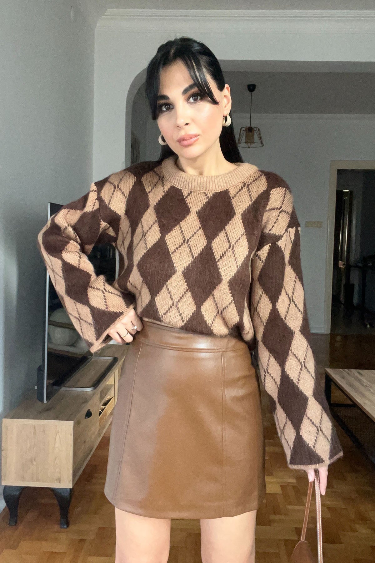 Kahve Trapez Mini Deri Etek SY-2794-Kahve