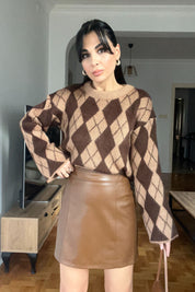 Kahve Trapez Mini Deri Etek SY-2794-Kahve