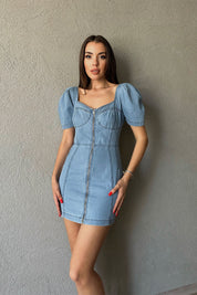 Mavi Önü Fermuarlı Kısa Denim Elbise SY-0478-Mavi