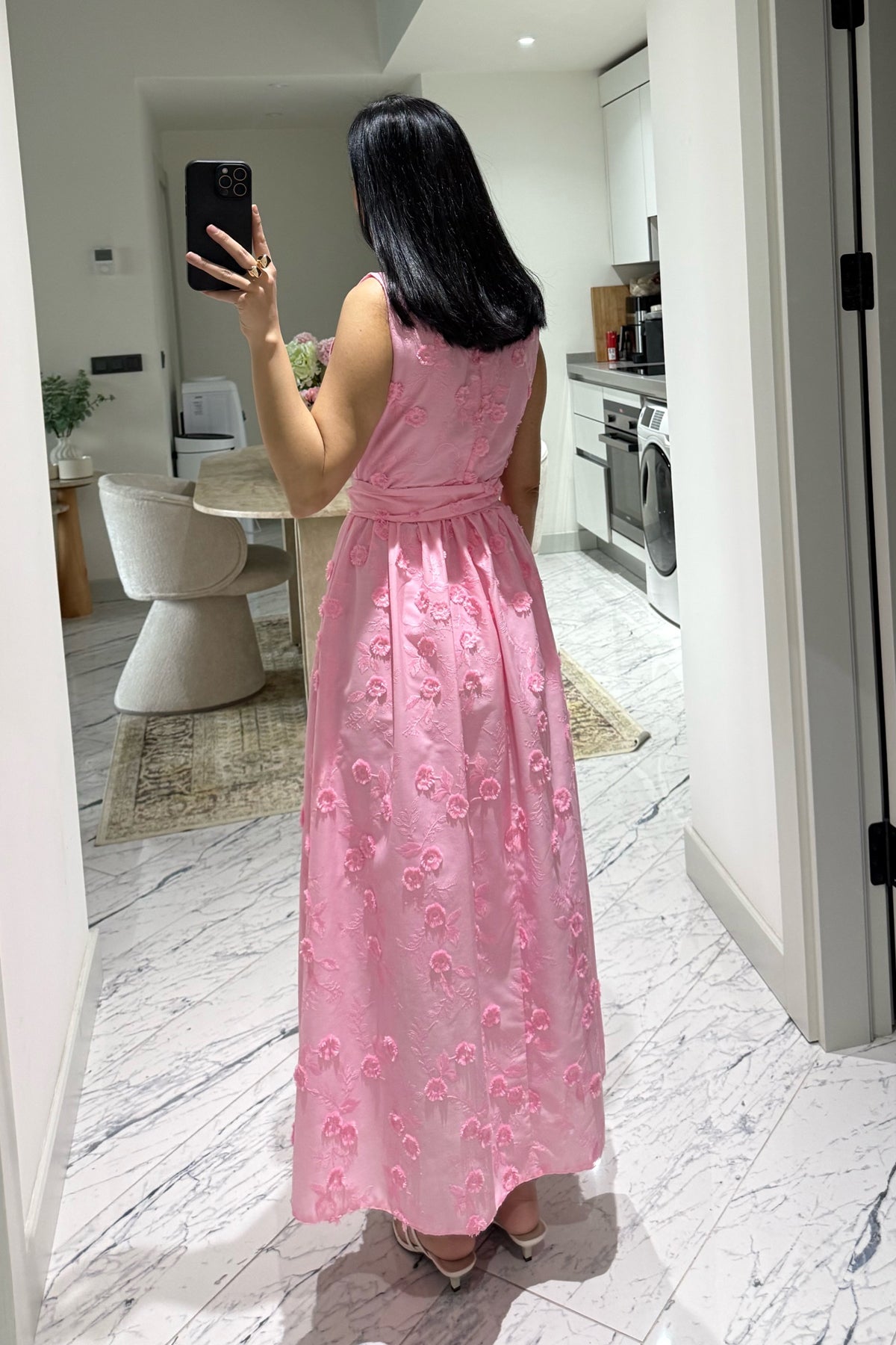 Santorini Çiçek Desenli Midi Elbise-Pembe SY-3661-Pembe