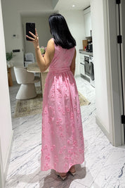 Santorini Çiçek Desenli Midi Elbise-Pembe SY-3661-Pembe