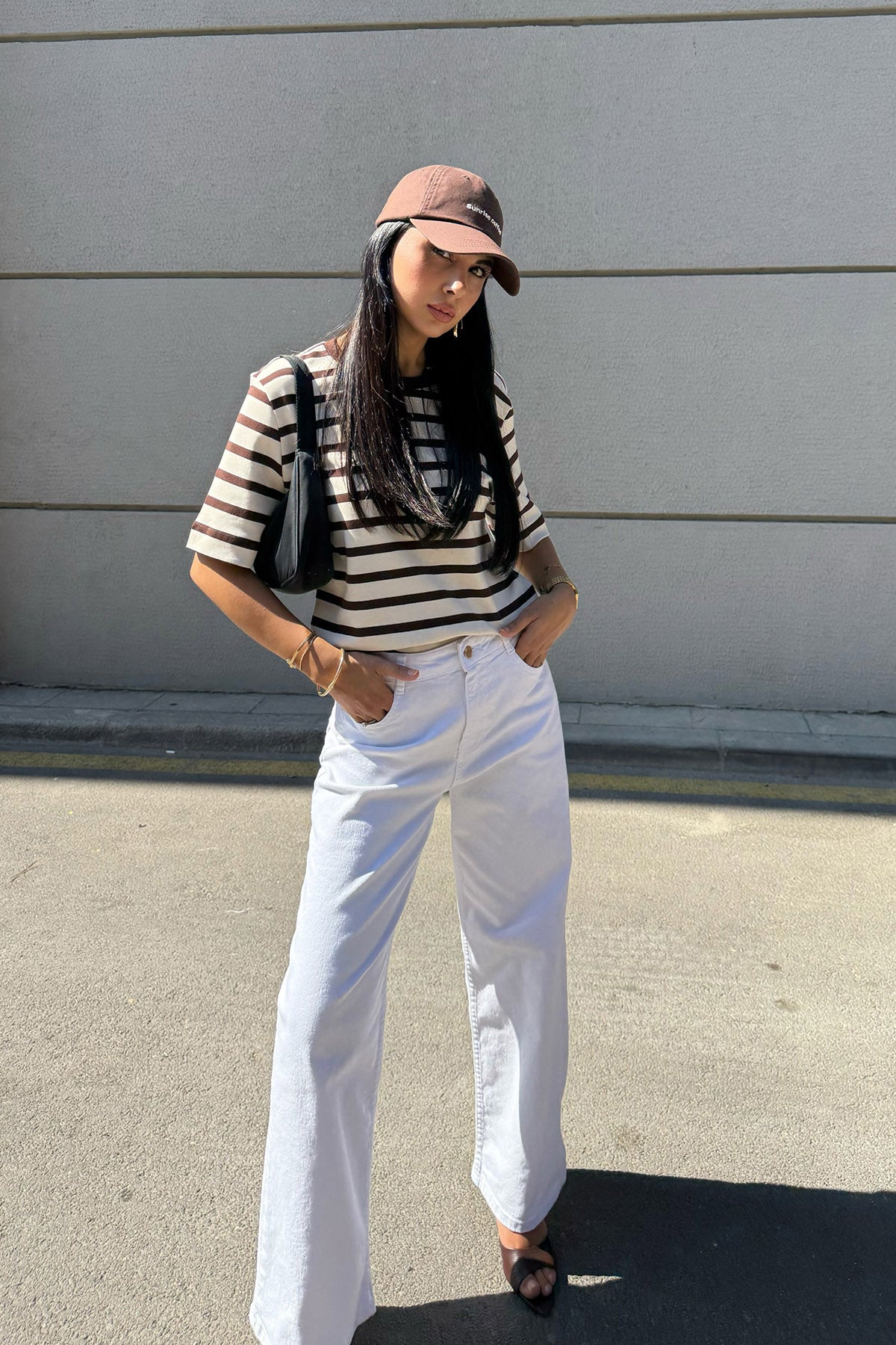 Bej Kahve Çizgili Pamuklu T-shirt SY-3313-Bej