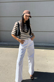 Bej Kahve Çizgili Pamuklu T-shirt SY-3313-Bej