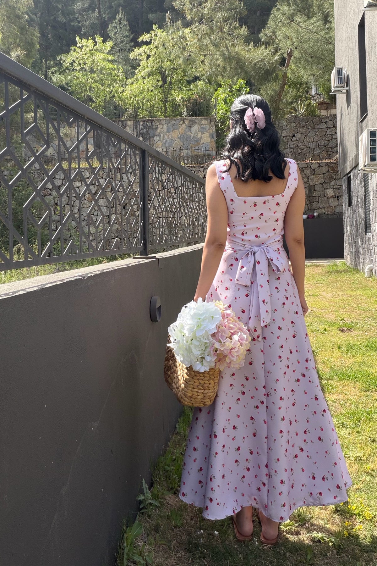 Lila Mini Çiçekli Kare Yaka Elbise SY-3722-Lila