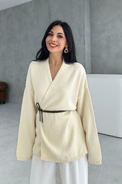 Krem Deri Kemerli Triko Hırka SY-3405-Krem