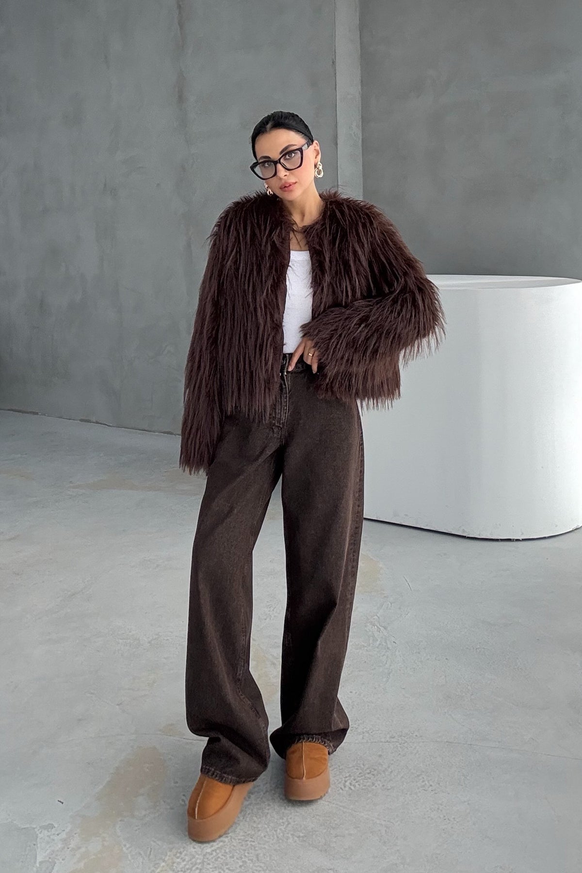 Acı Kahve Saçaklı Kürk Ceket SY-3388-Acı KAHVE