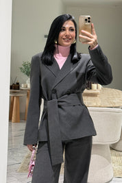 Antrasit Kuşak Detaylı Ceket ve Pantolon Takım SY-3602-Antrasit