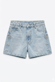 Taş İşlemeli Denim Şort SY-3775-Mavi