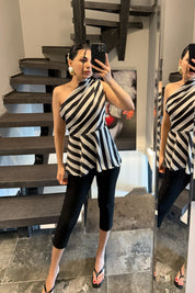 Premium Seri Tek Omuz Saten Bluz Siyah Krem SY-3696-Siyah