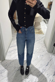 Mavi Bel Detaylı Mom Jeans SY-3529-Mavi