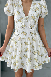 Balon Kol Sarı Çiçekli Mini Elbise SY-3055-Ekru