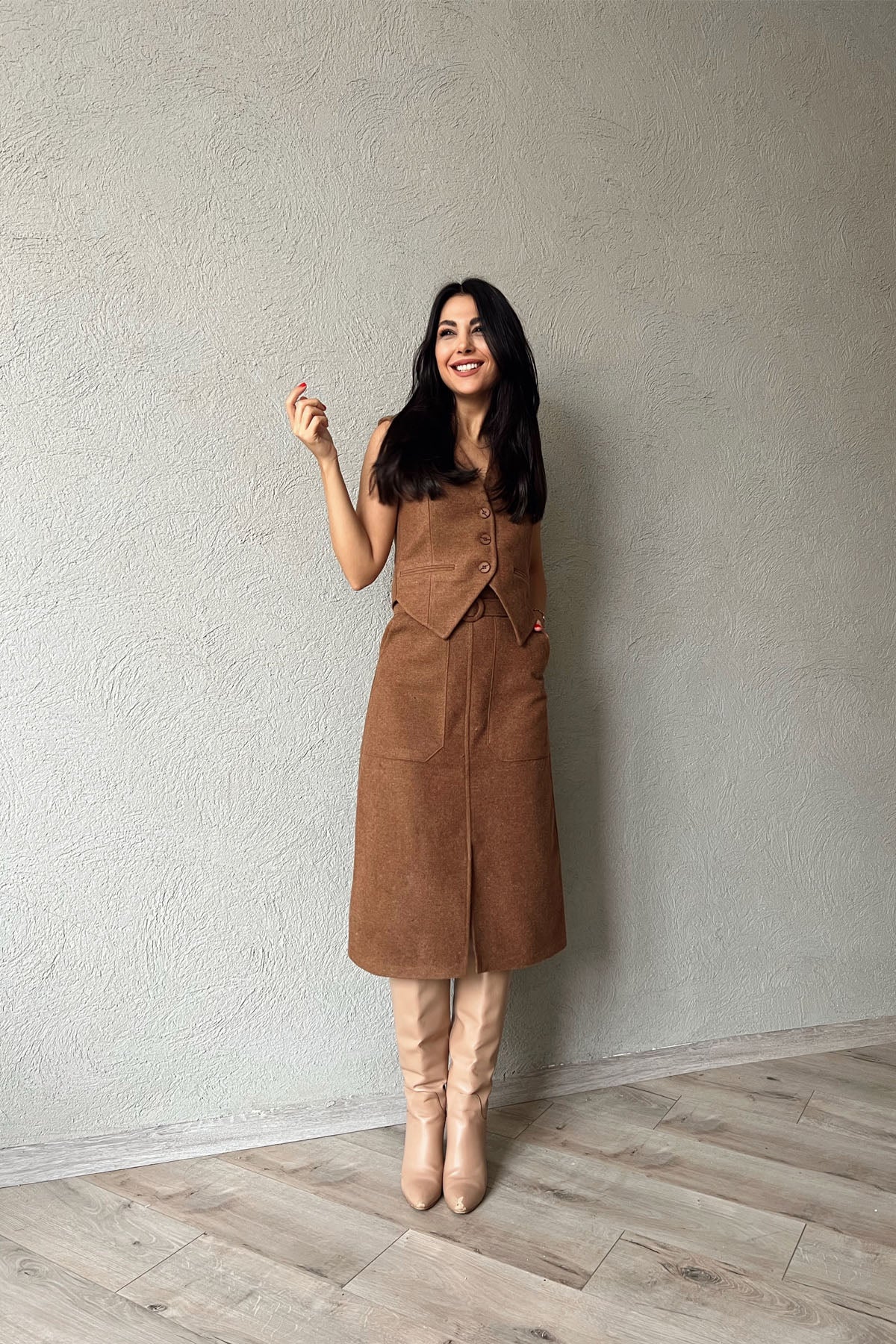Kahve Düğmeli Ceket ve Kemerli Cepli Etek Takım SY-1193-Kahve
