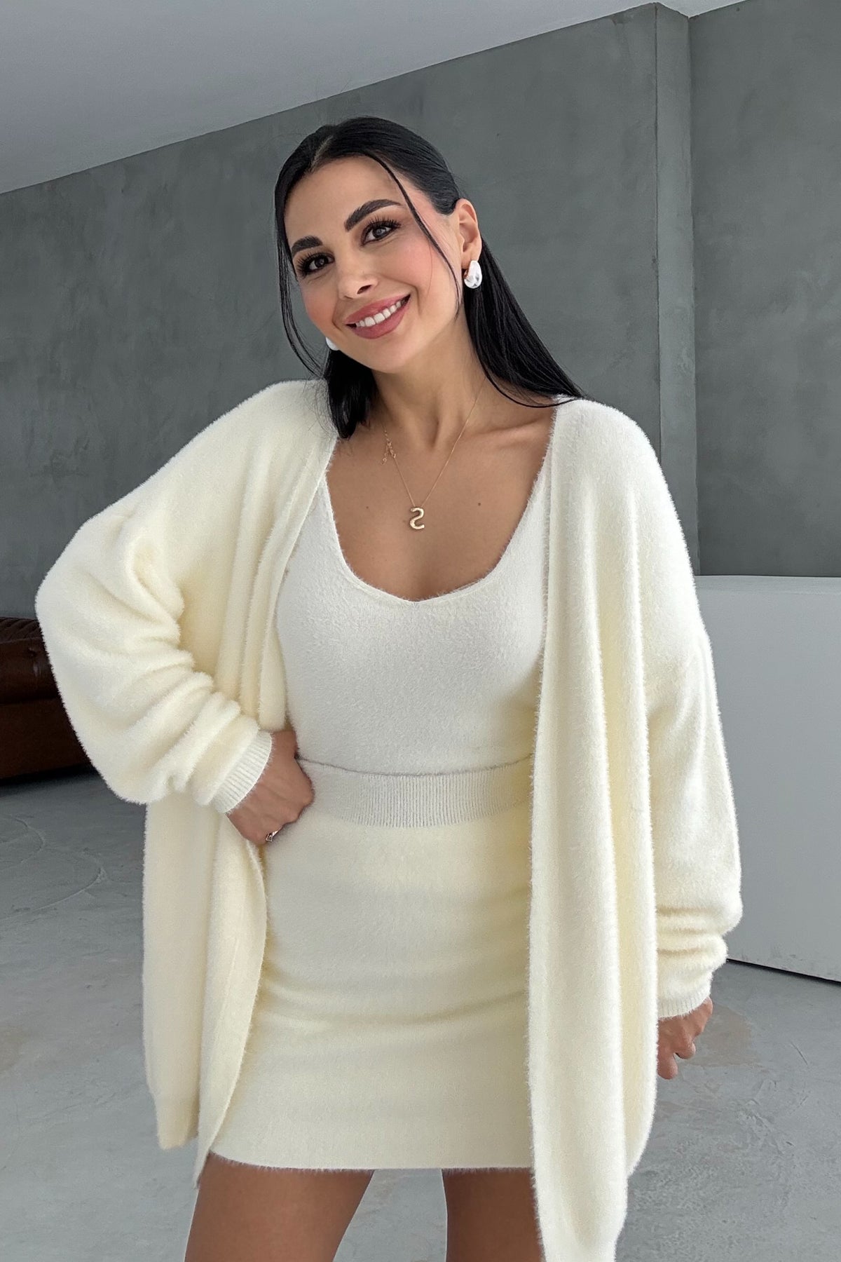 Ekru Yumoş 3'lü Etekli Takım SY-3441-Ekru