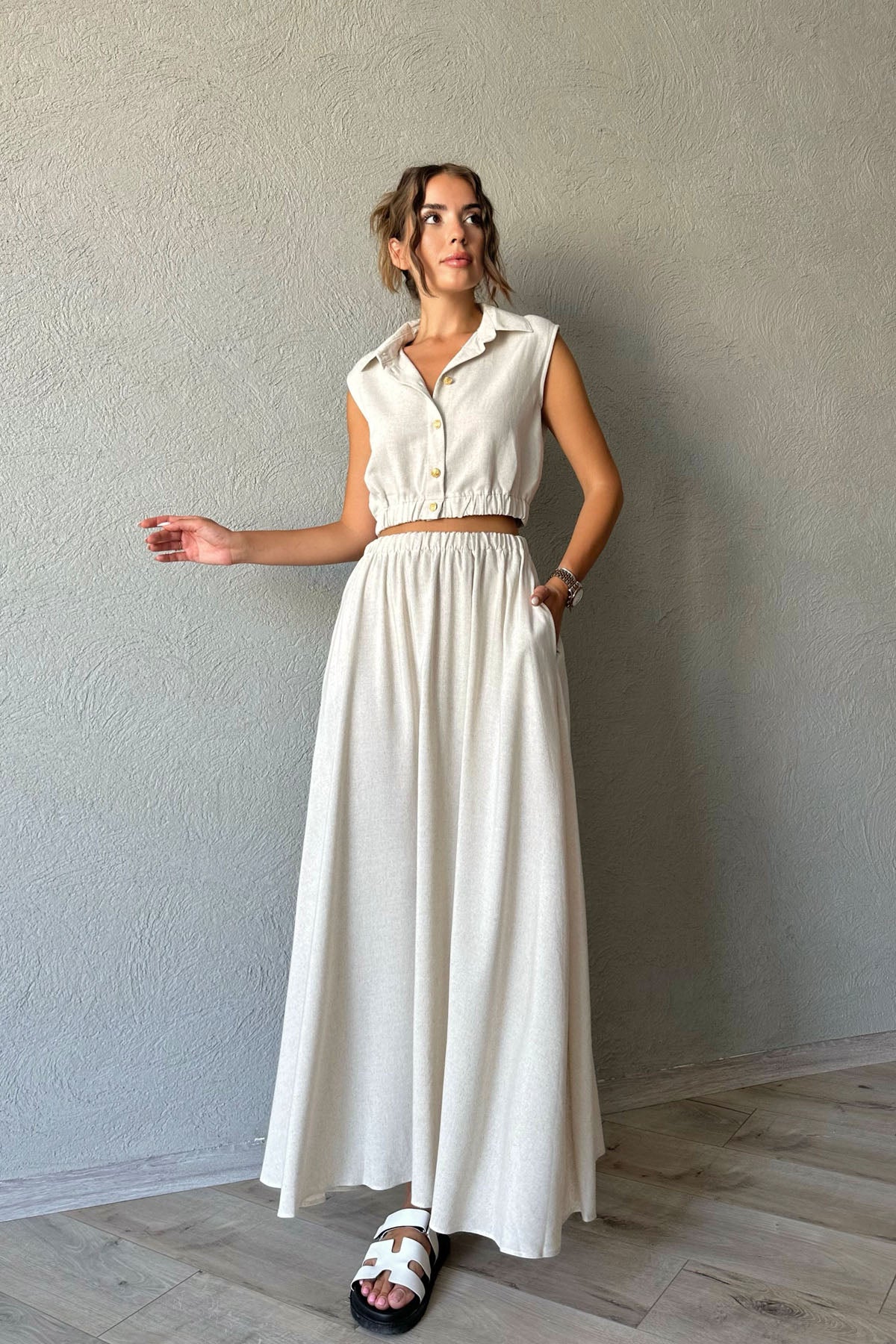 Naturel Keten Gold Düğmeli Bluz ve Etek Takım SY-0759-Naturel