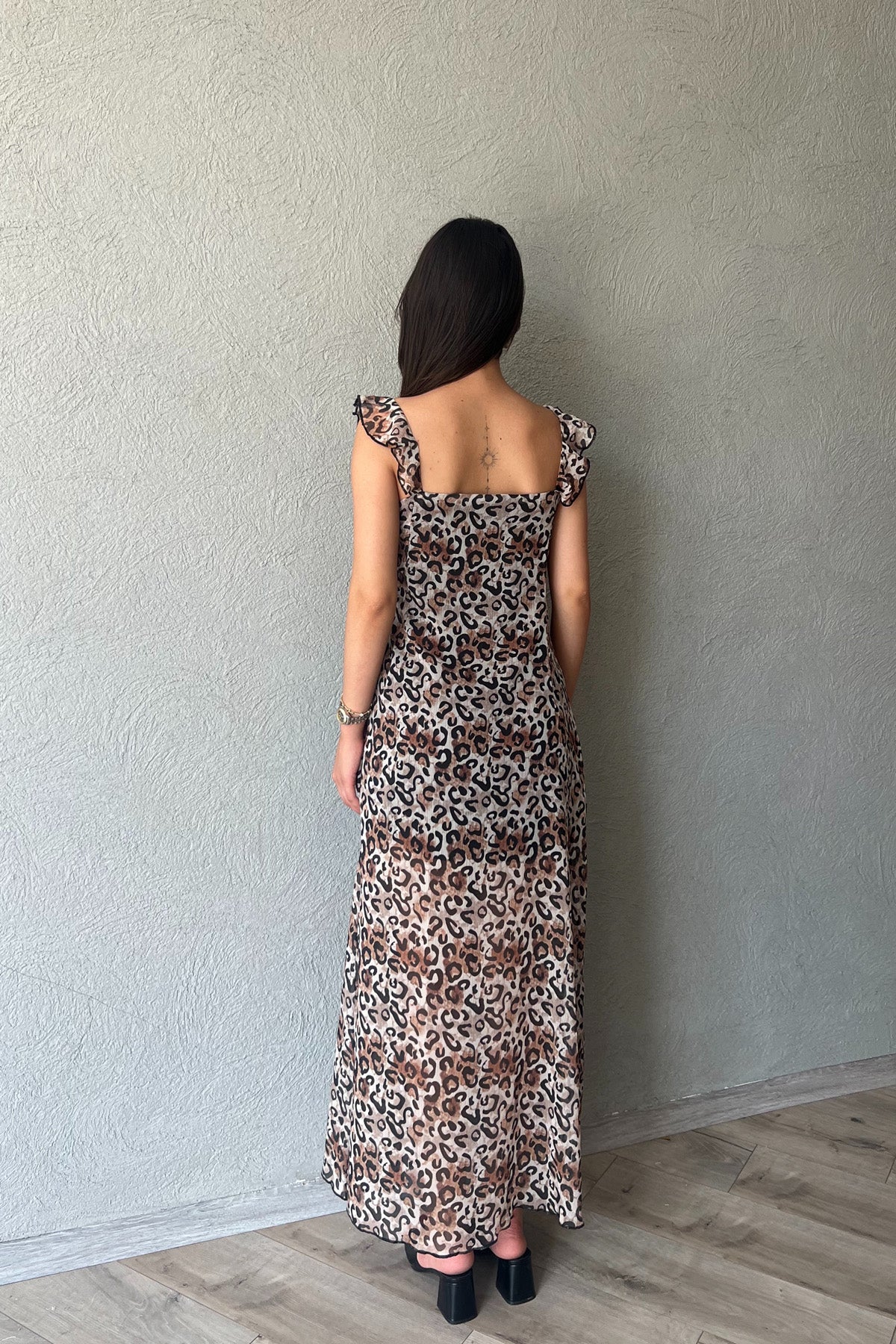 Leopar Fırfırlı Astarlı Tül Elbise SY-2252-Leopar