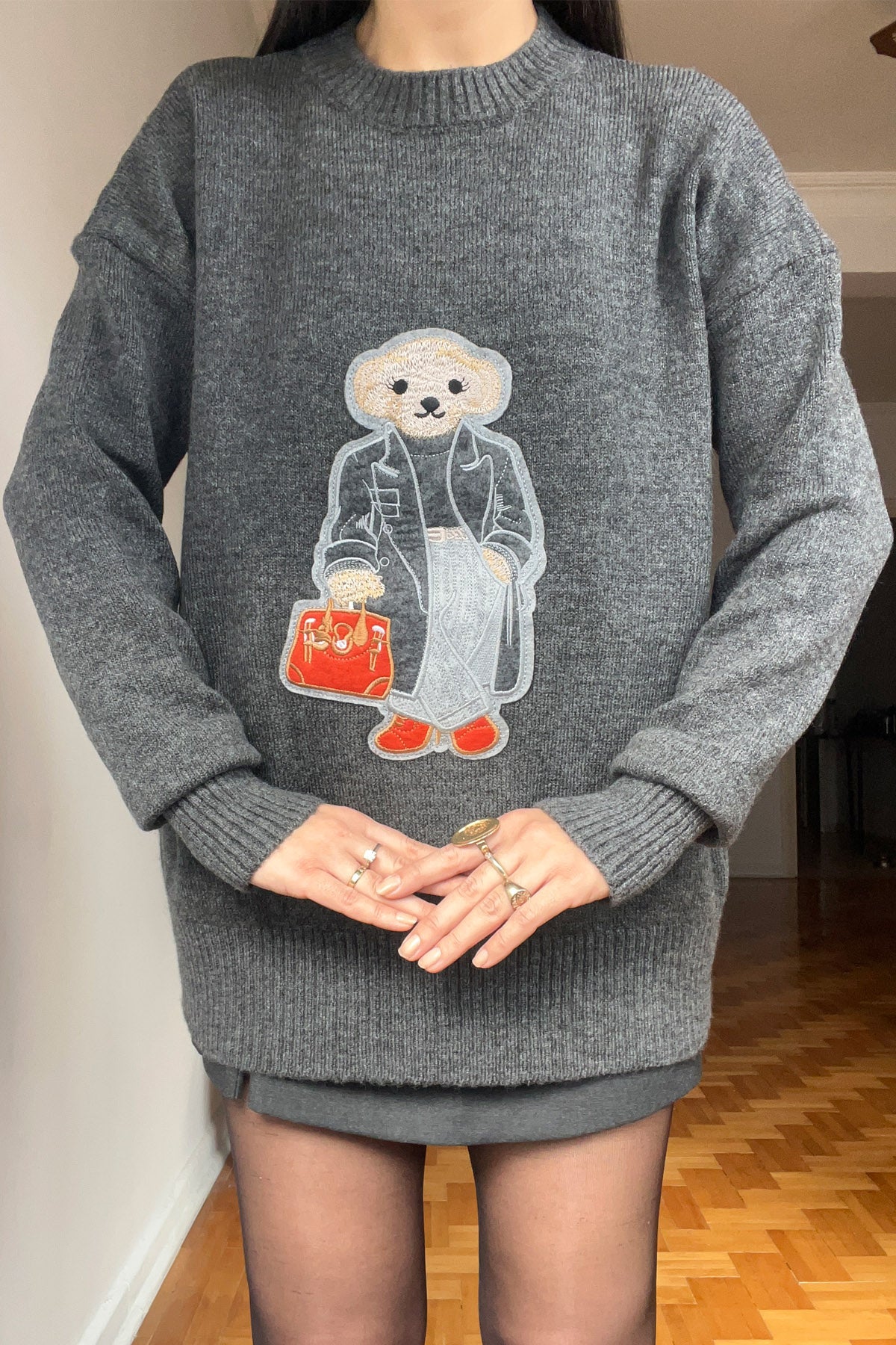 Antrasit Teddy Bear Nakışlı Triko Kazak SY-2839-Antrasit