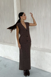 Kahverengi Düğmeli Yelek Çan Etek Triko Takım SY-2492-Kahverengi