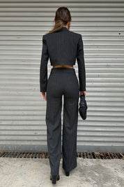 Antrasit Çizgili Tek Düğmeli Crop Ceket Pantolon Takım SY-0051-Antrasit